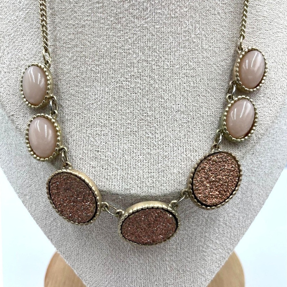 VTG Gold Tone Geometric Bib Necklace Faux Stone Statement Jewelry Retro Boho Y2K